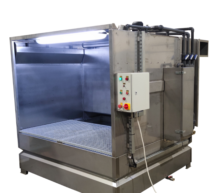 Wetback, waterfall type wet and dry powder paint booths A water curtain spray booth is a professional workstation for the application of liquid paints and coatings under controlled conditions. The water-based filtration system effectively removes paint mist and particulates, ensuring a clean, safe, and efficient working environment. The robust construction and stable airflow guarantee high-quality finishing.   Our top-quality powder coating booths are available in a variety of sizes to suit the application in hand and are all fitted with high quality, integral filter cartridge, self-cleaning paint dust extraction.  Supplied with a coloured HMI screen and PLC control they are very efficient, simple to use and offer various program options and diagnostics.  The Vixen range of spray booths allow for painting multiple components by hand directly placed on the worktable or suspended from optional roof mounted hanging rails.  IMG_ściana wodna 1 New Project (35)-3 Benefits & Features Typical Applications Uniform and stable airflow High efficiency of water-based filtration Effective reduction of paint mist and contaminants Clean and safe working environment Durable, chemical-resistant construction Easy maintenance and servicing Customizable configuration Improved coating quality